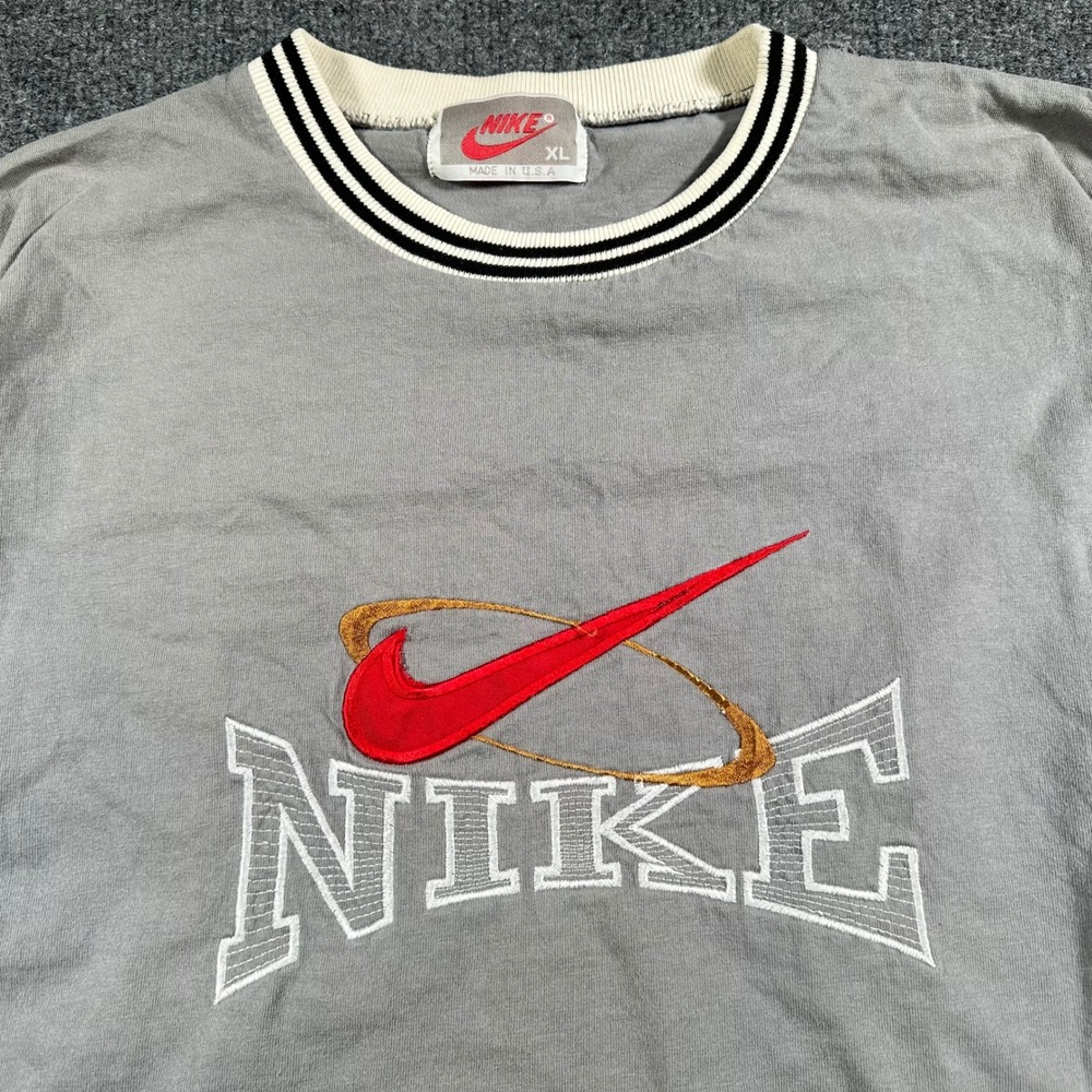 Vtg Nike T-Shirt XL Embroidered Striped Ringer Collar Basketball Made in USA 90s - Picture 1 of 10